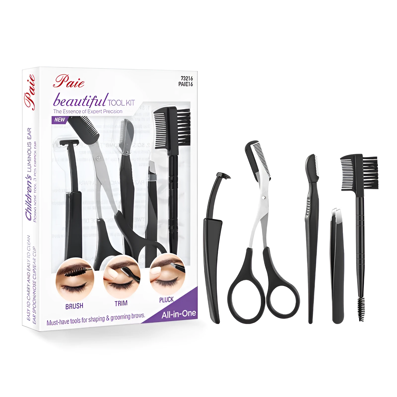 Black eyebrow trimmer set with stainless steel blade and compact 14x10x2cm size on a plain background.