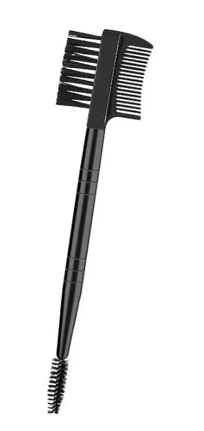 Black eyebrow trimmer set with stainless steel blade and compact 14x10x2cm size on a plain background.