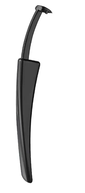 Black eyebrow trimmer set with stainless steel blade and compact 14x10x2cm size on a plain background.