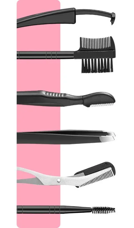 Black eyebrow trimmer set with stainless steel blade and compact 14x10x2cm size on a plain background.