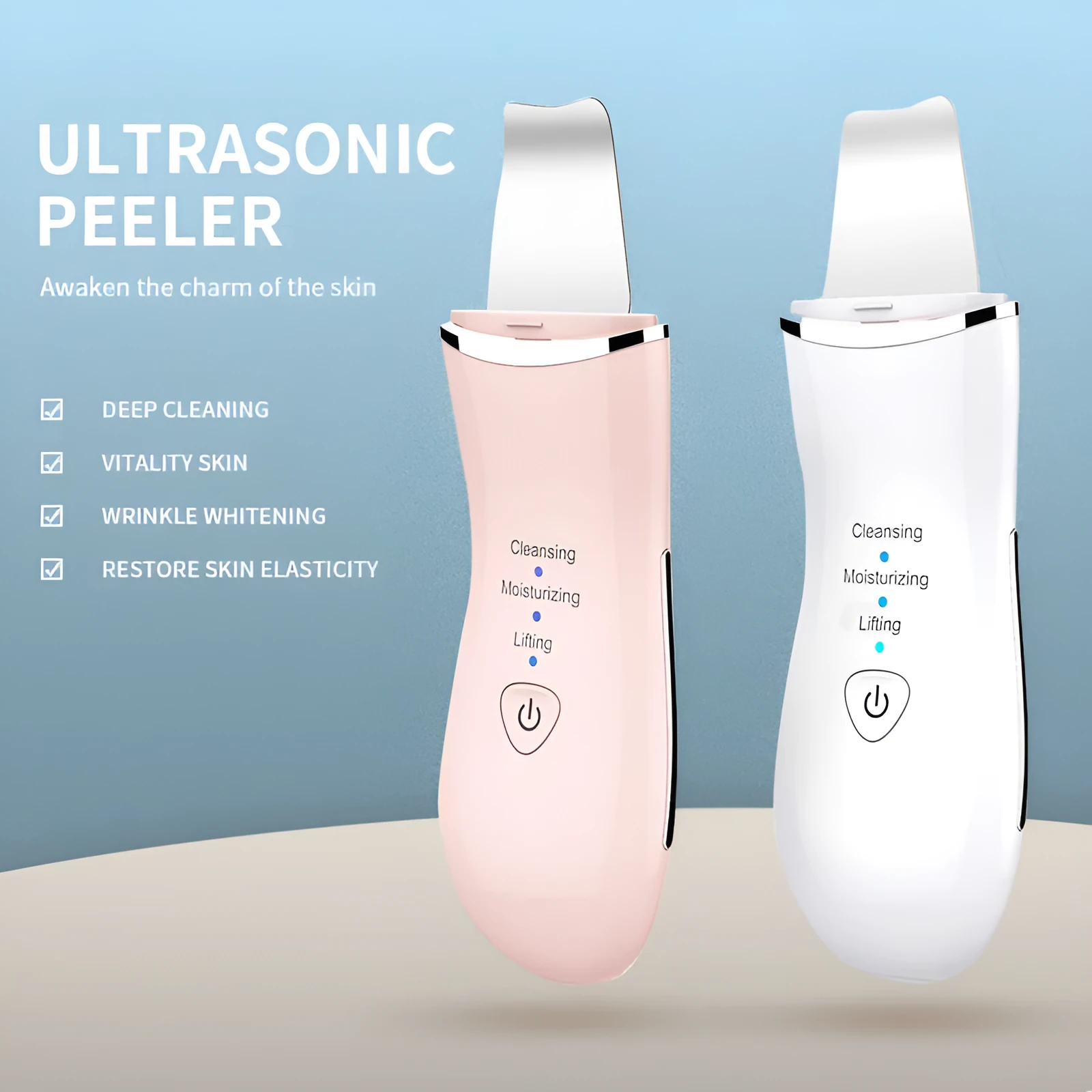 Ultrasonic cleansing introducer beauty shoveling machine in black, pink, and white with compact rectangular body