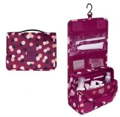 Blue polyester hanging wash storage bag with handle, 24x19x10cm, travel cosmetic bag on white background
