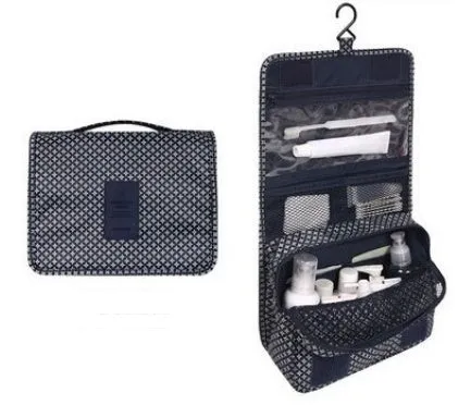 Blue polyester hanging wash storage bag with handle, 24x19x10cm, travel cosmetic bag on white background