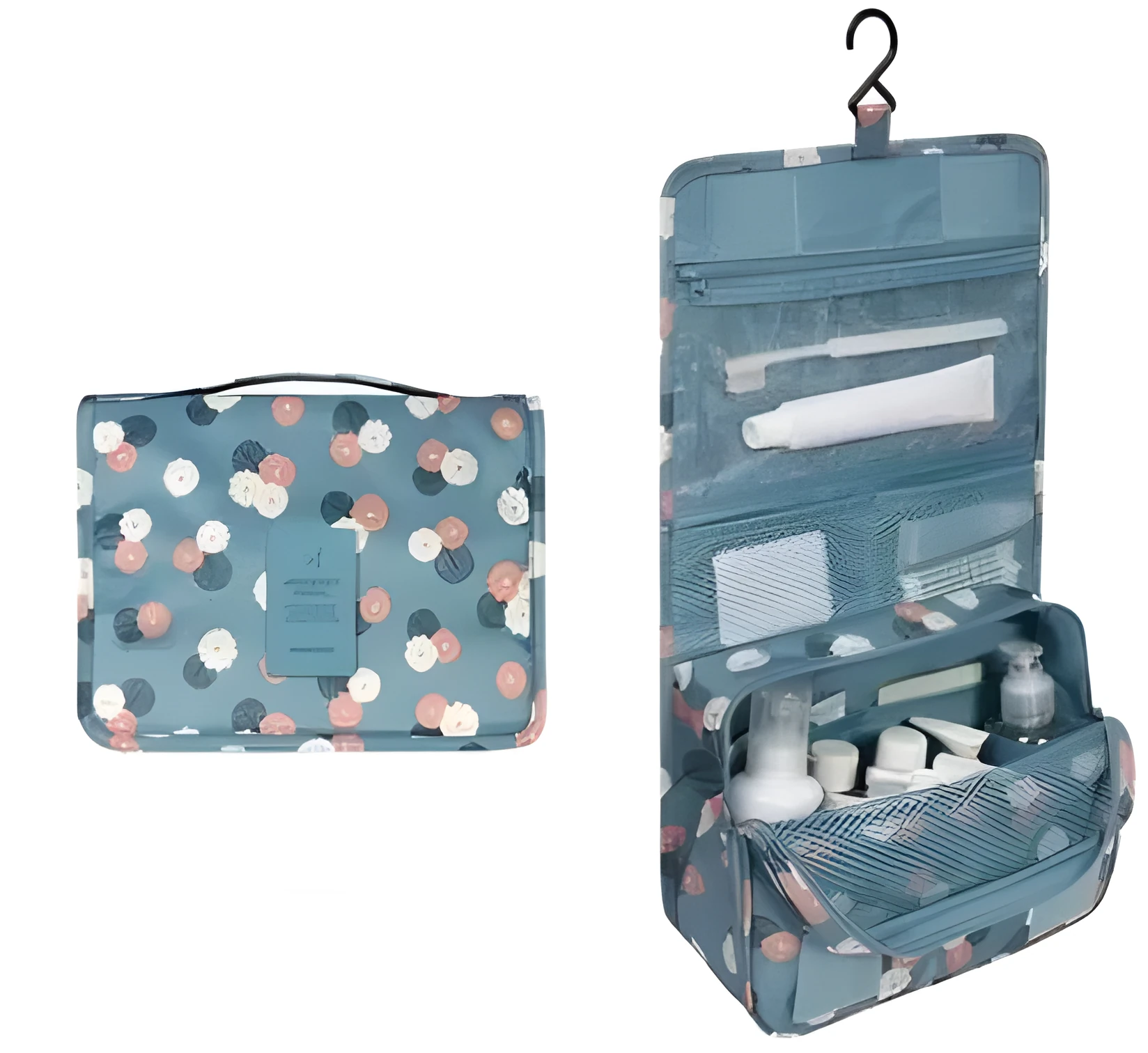 Blue polyester hanging wash storage bag with handle, 24x19x10cm, travel cosmetic bag on white background