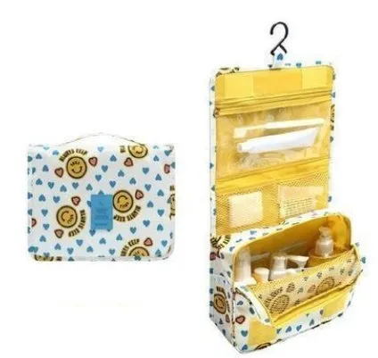 Blue polyester hanging wash storage bag with handle, 24x19x10cm, travel cosmetic bag on white background