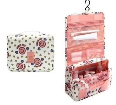 Blue polyester hanging wash storage bag with handle, 24x19x10cm, travel cosmetic bag on white background