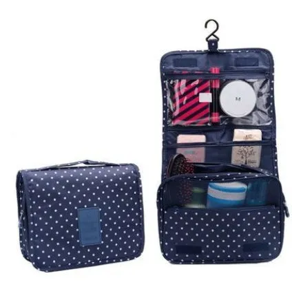 Blue polyester hanging wash storage bag with handle, 24x19x10cm, travel cosmetic bag on white background