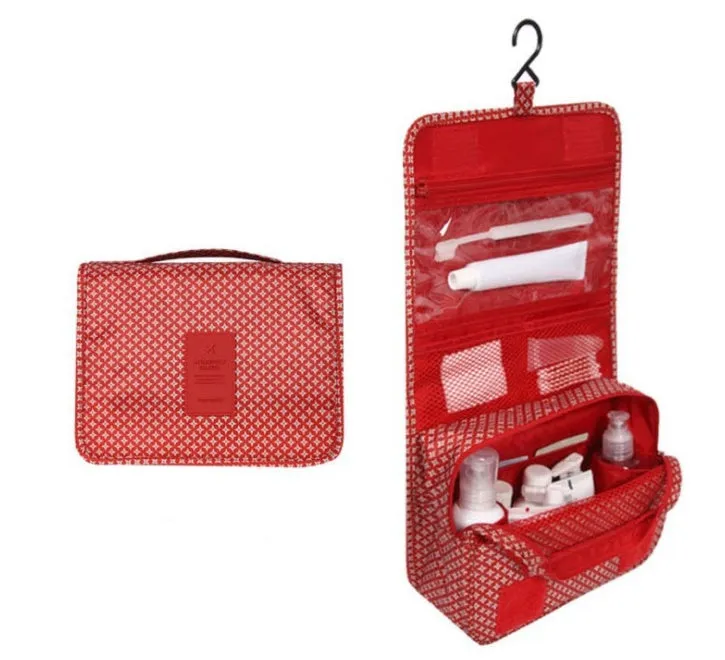 Blue polyester hanging wash storage bag with handle, 24x19x10cm, travel cosmetic bag on white background