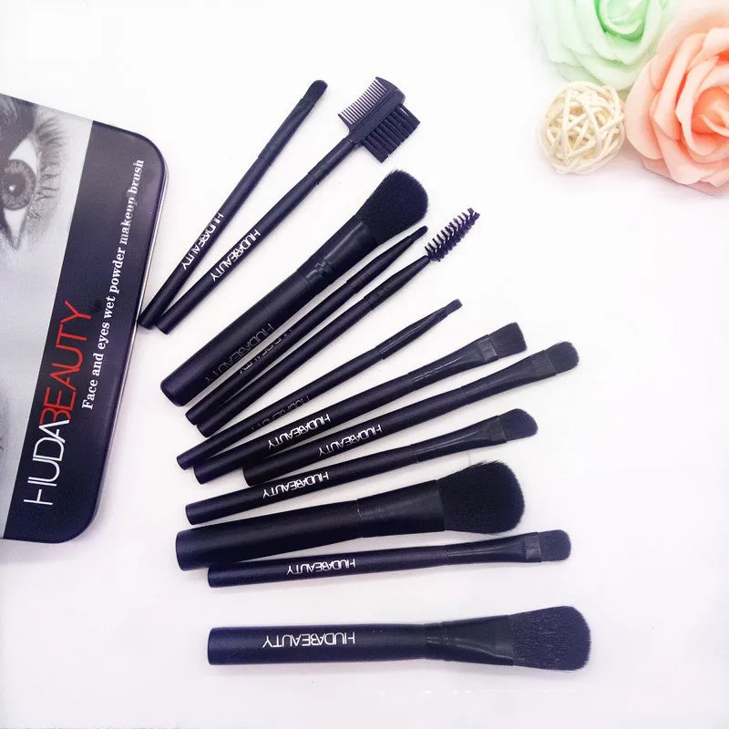 12-piece black makeup brush set in iron box with wooden handles and silk nylon bristles