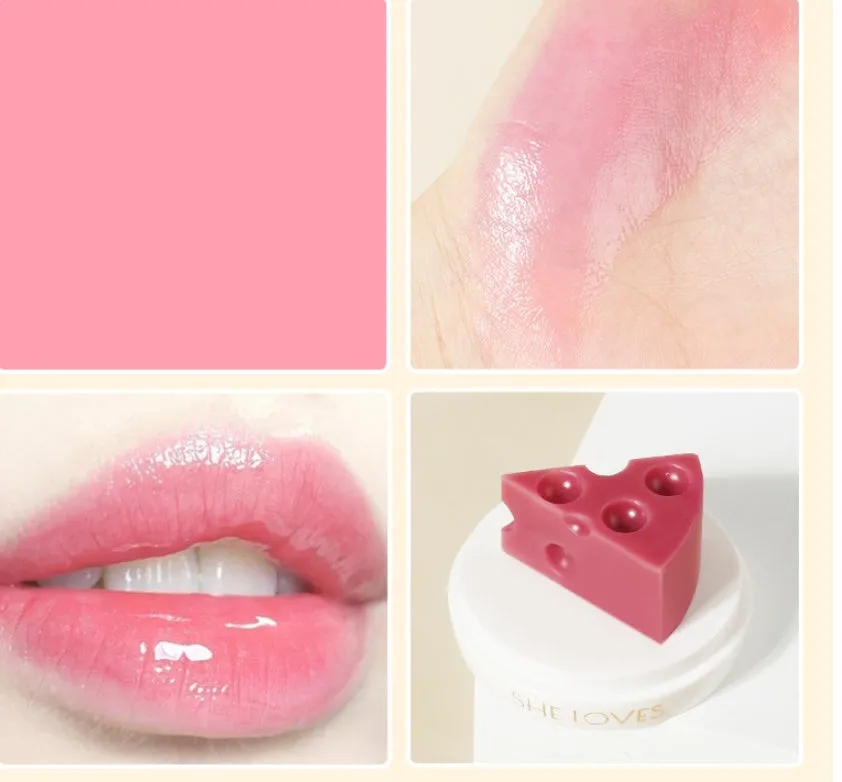 Pink cheese-shaped lip balm with Vitamin E and cream scent in open case with brush applicator