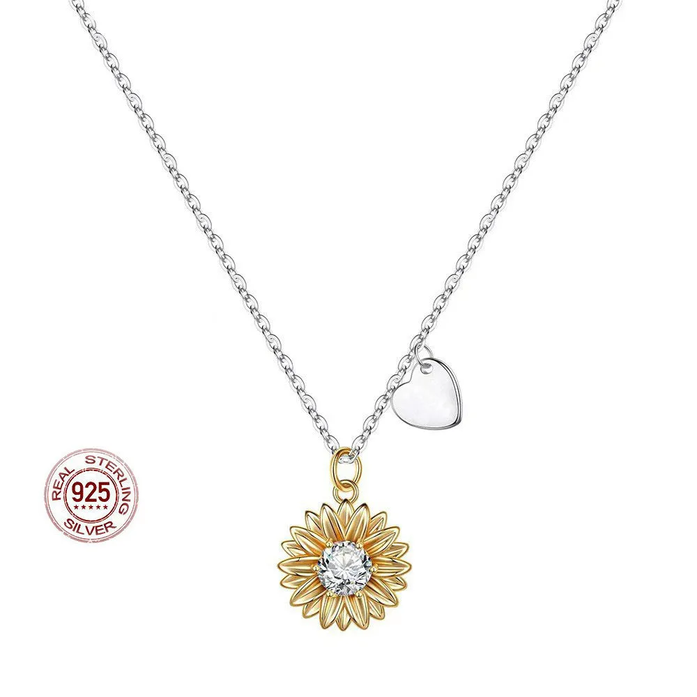 Women's 925 silver sunflower love pendant necklace with geometric daisy details on an adjustable cross chain.