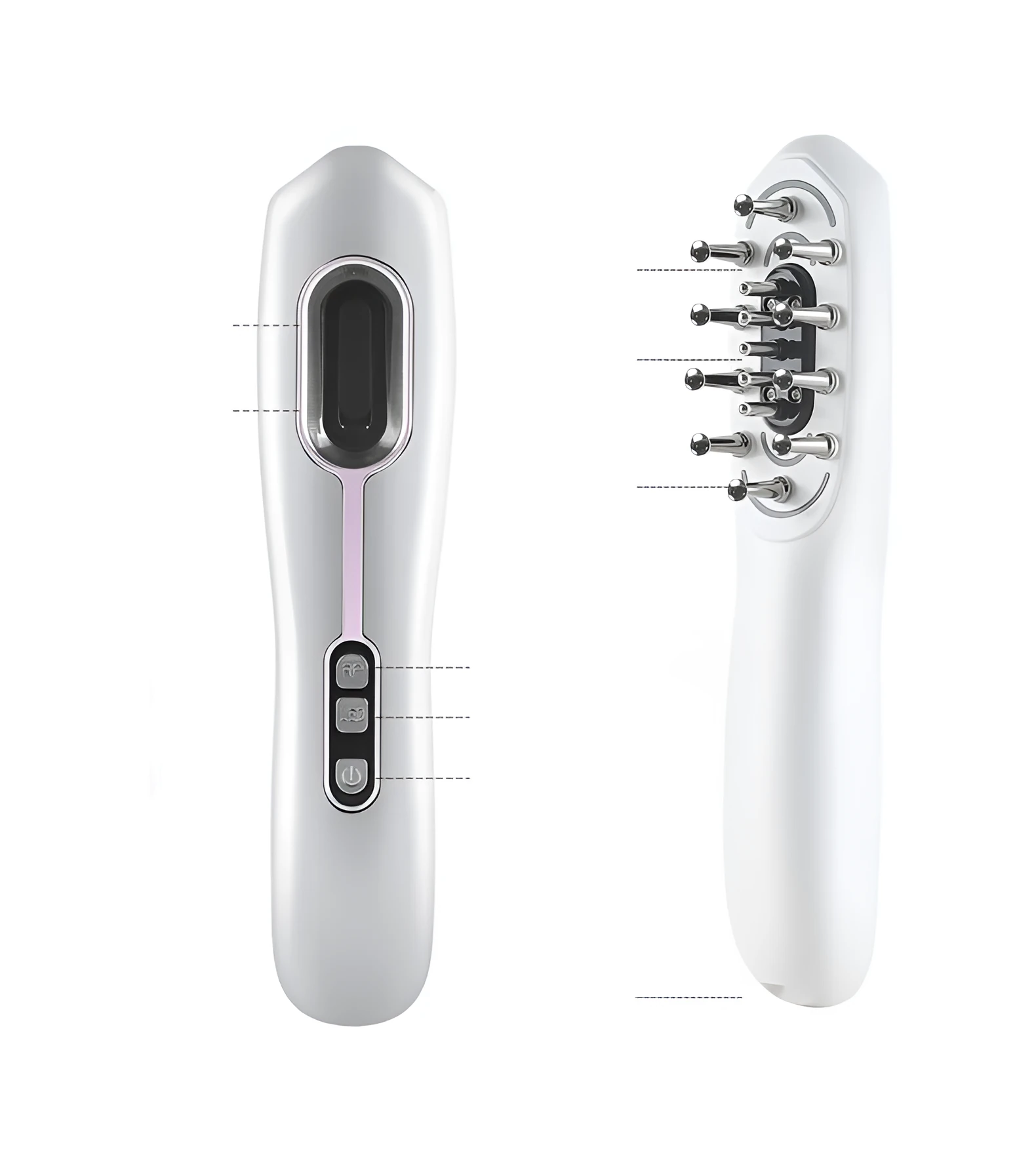 Healthy Comb micro-current radio frequency head massage claw in 3808 white, front view showing push button and magnetic massage claws.