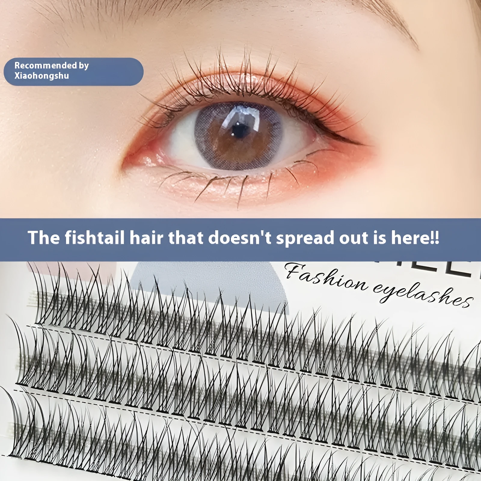 Black V-shaped fairy fishtail false eyelashes with thick segments in varying lengths on a clear band.
