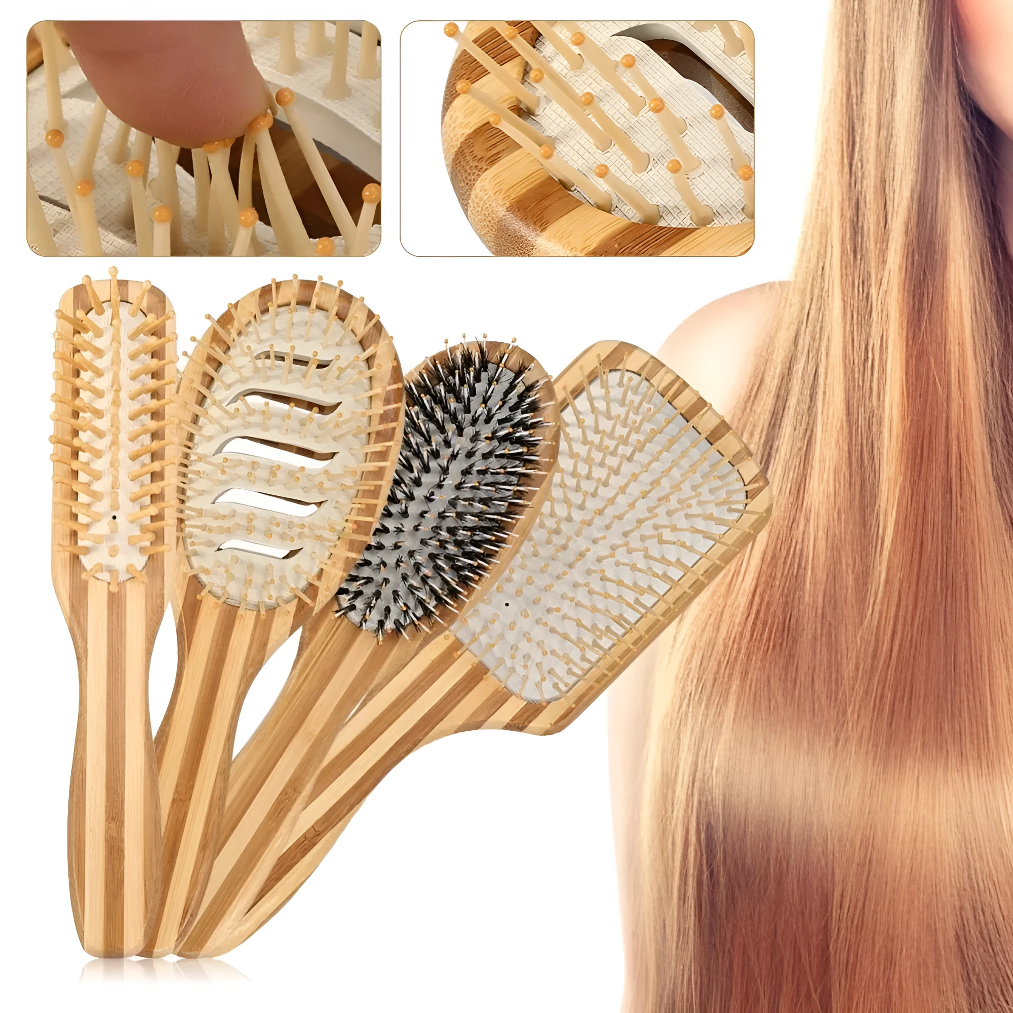 Natural bamboo scalp massage comb with round nylon teeth and rubber pad on neutral background
