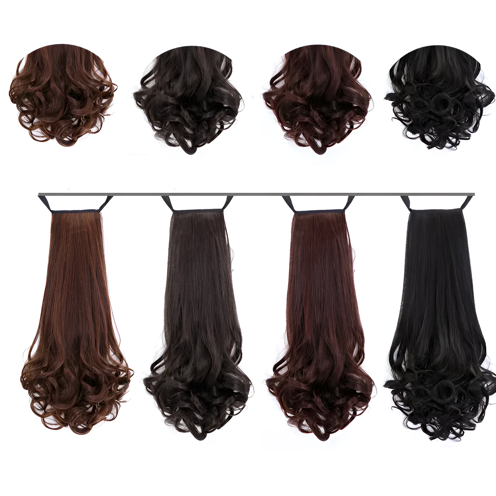Ladies wig ponytail in high temperature wire, medium long length, available in black, brown black, dark brown, light brown, 45cm and 55cm