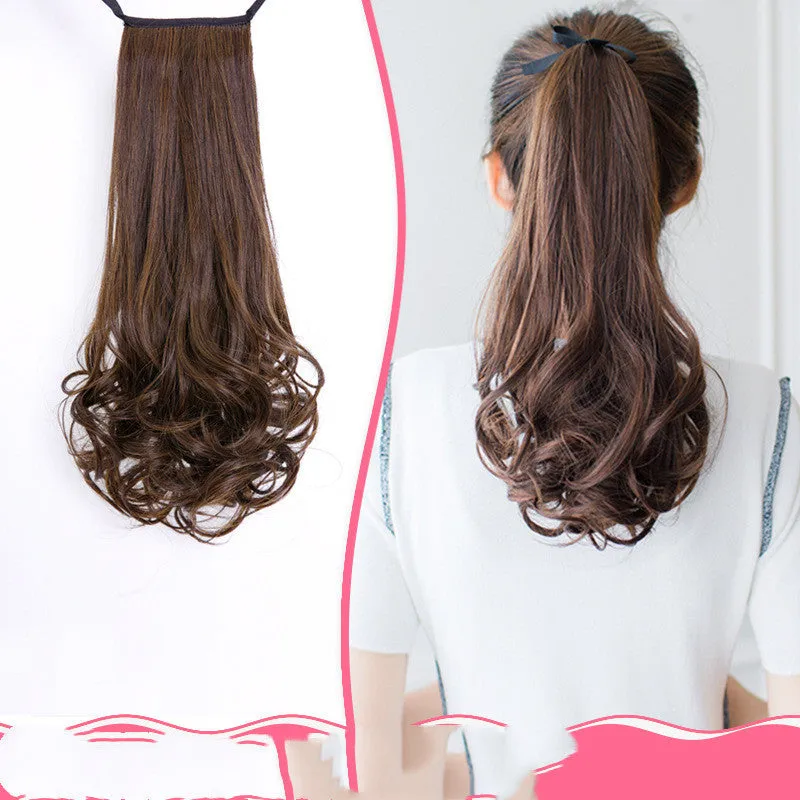 Ladies wig ponytail in high temperature wire, medium long length, available in black, brown black, dark brown, light brown, 45cm and 55cm