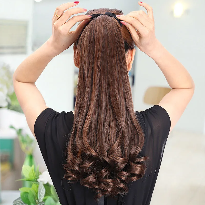 Ladies wig ponytail in high temperature wire, medium long length, available in black, brown black, dark brown, light brown, 45cm and 55cm