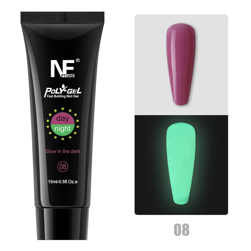 Luminous nail extension gel set with 8 colour options in 15ml bottles, resin-based phototherapy formula