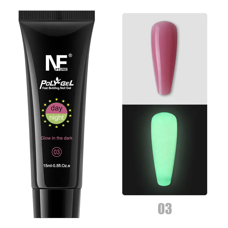 Luminous nail extension gel set with 8 colour options in 15ml bottles, resin-based phototherapy formula