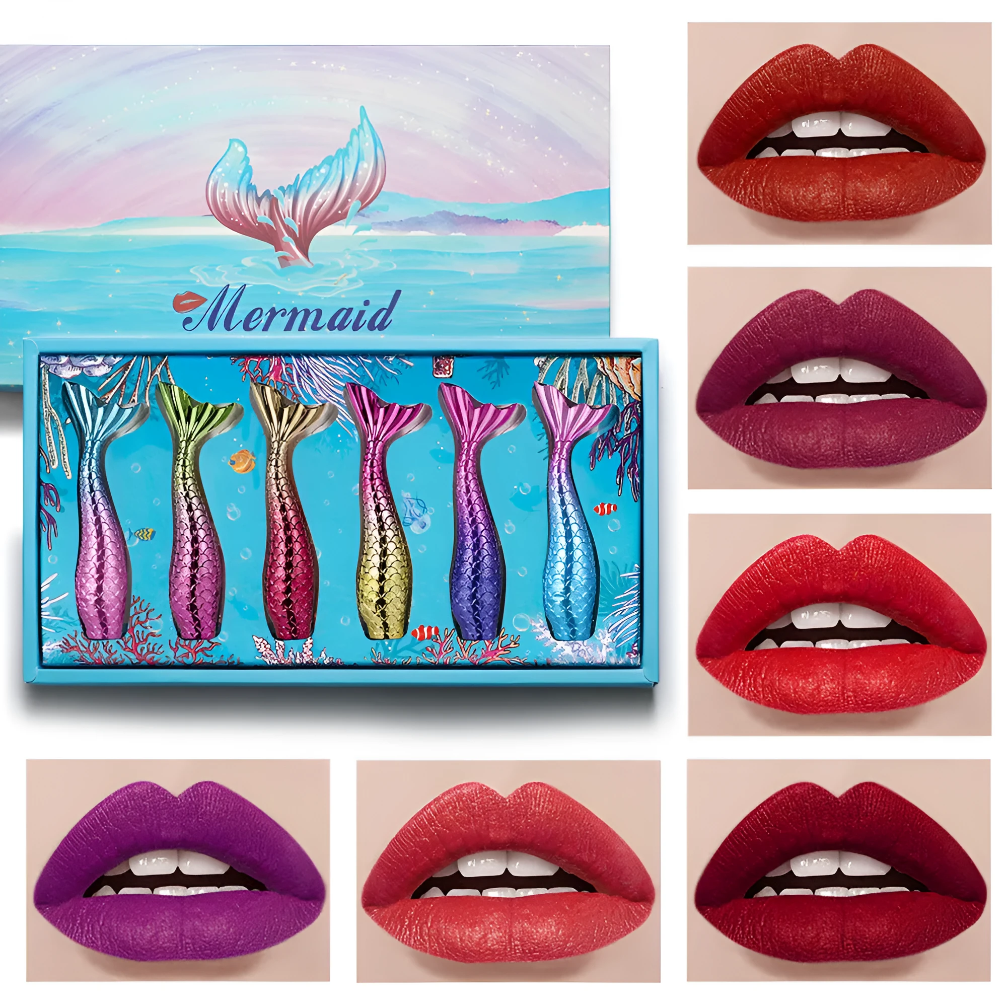 Set of 6 matte lip gloss shades in mermaid colours in a lipstick set pack