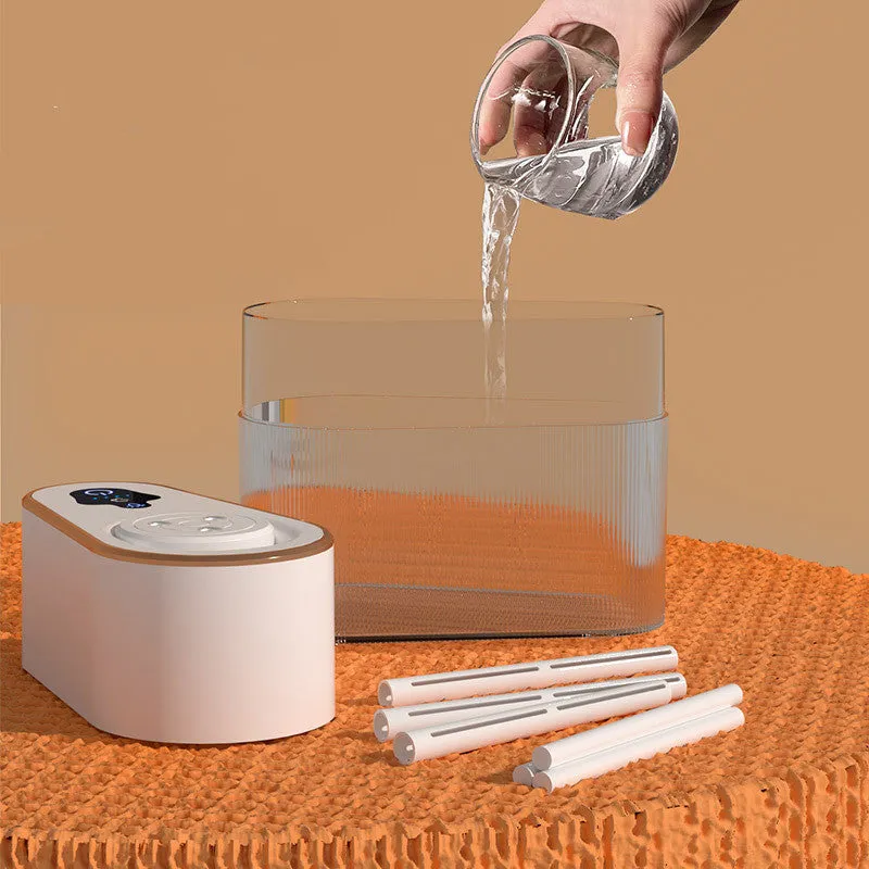 Electric three jet humidifier in blue with USB cable, 1.0-2.5L tank, and atmosphere lamp on a bedroom desktop