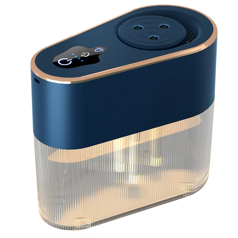 Electric three jet humidifier in blue with USB cable, 1.0-2.5L tank, and atmosphere lamp on a bedroom desktop