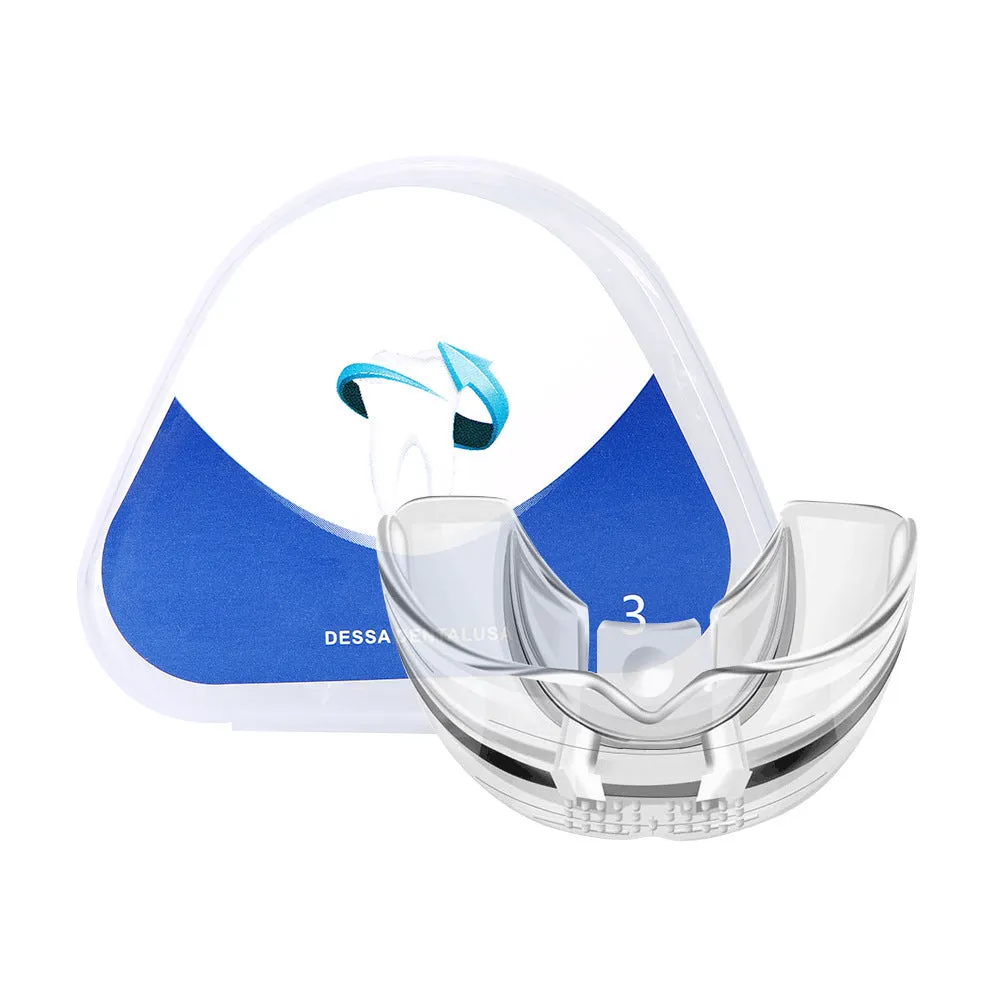 Transparent silicone invisible dental tray aligner for oral care on white background