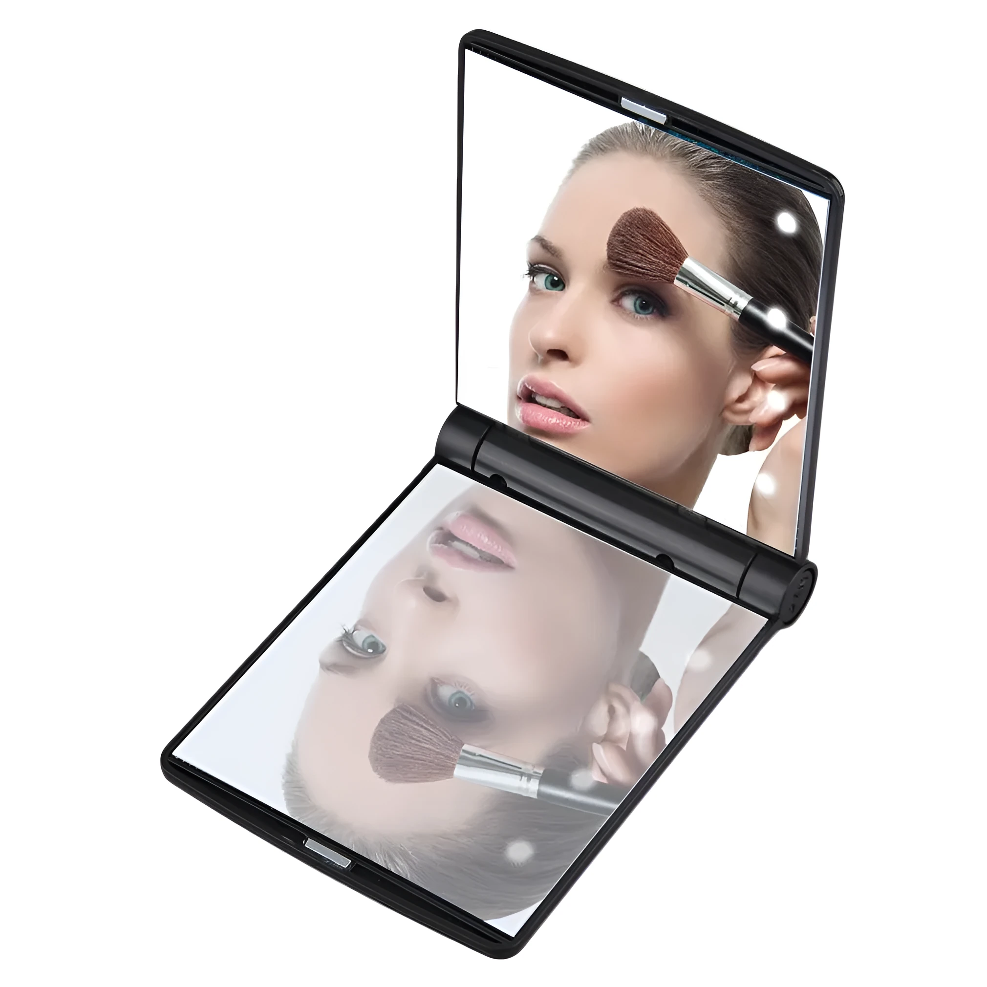 Folding LED pocket cosmetic mirror in Black, closed and open to show LEDs and compact size