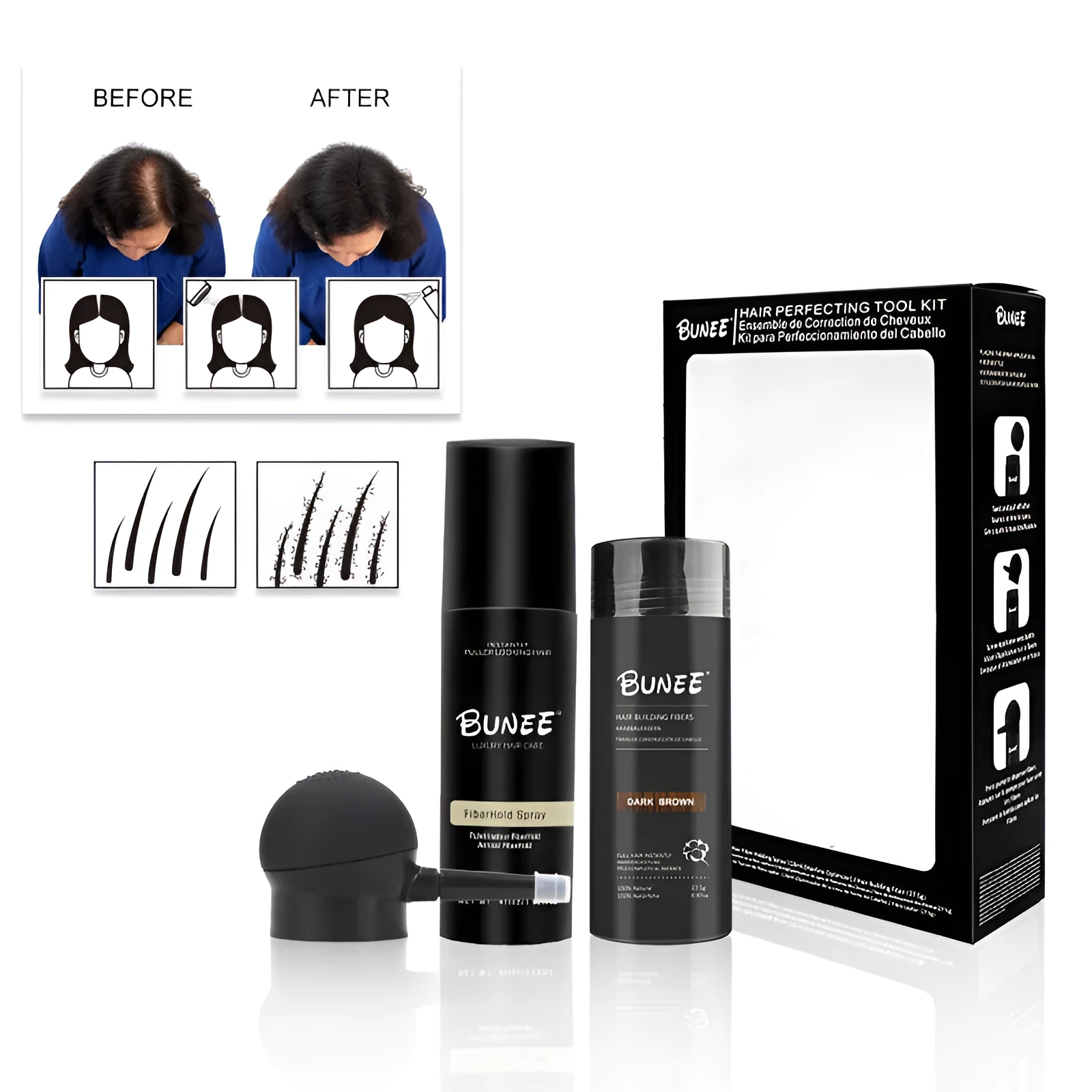 Dense hair fibre powder 275g canister with specialised nozzle and shaping spray bottle for hair thickening