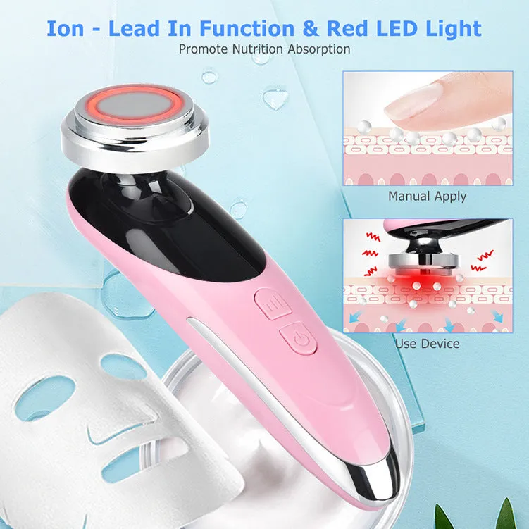 Pink cleansing and rejuvenating beauty instrument with red and blue light modes, ABS and plating construction