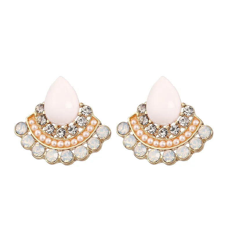 Women's silver retro fan-shaped earrings with an opal-like stone and rhinestone detailing on a geometric alloy setting.