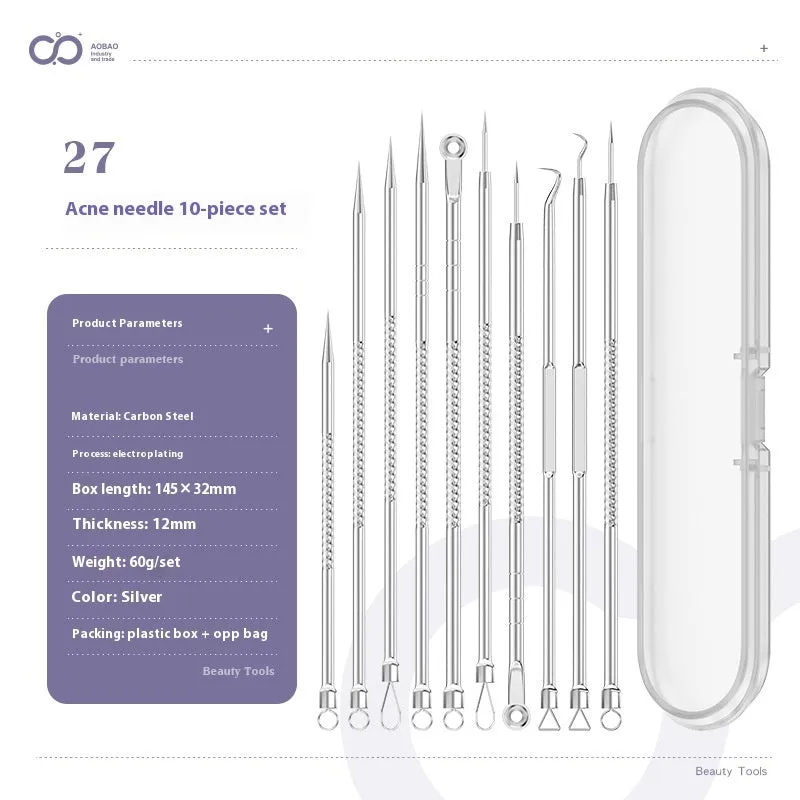 Four silver metal acne needles with ultra-fine pointed tips arranged on a clean surface.