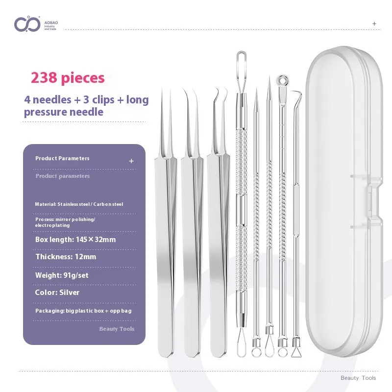 Four silver metal acne needles with ultra-fine pointed tips arranged on a clean surface.
