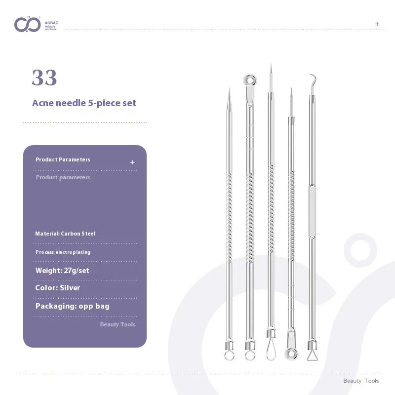Four silver metal acne needles with ultra-fine pointed tips arranged on a clean surface.