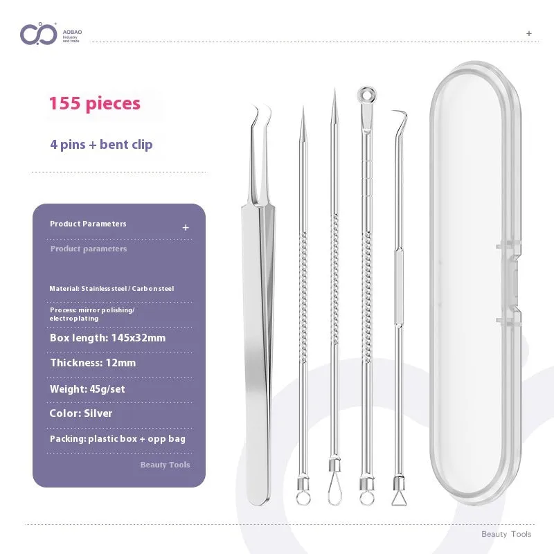 Four silver metal acne needles with ultra-fine pointed tips arranged on a clean surface.