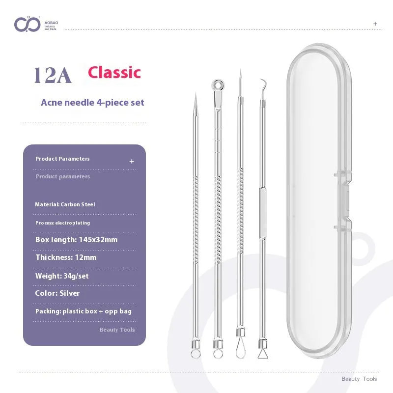 Four silver metal acne needles with ultra-fine pointed tips arranged on a clean surface.
