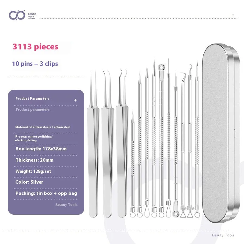 Four silver metal acne needles with ultra-fine pointed tips arranged on a clean surface.