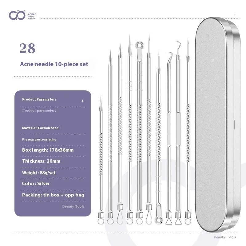 Four silver metal acne needles with ultra-fine pointed tips arranged on a clean surface.