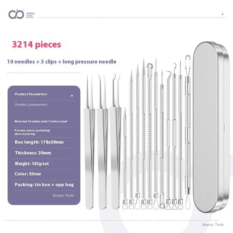 Four silver metal acne needles with ultra-fine pointed tips arranged on a clean surface.