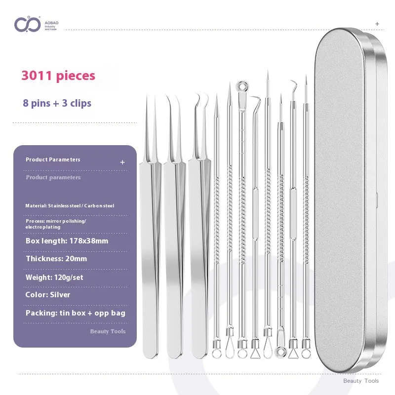 Four silver metal acne needles with ultra-fine pointed tips arranged on a clean surface.