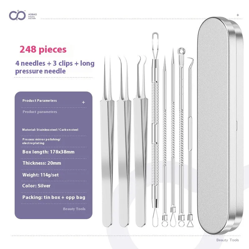 Four silver metal acne needles with ultra-fine pointed tips arranged on a clean surface.