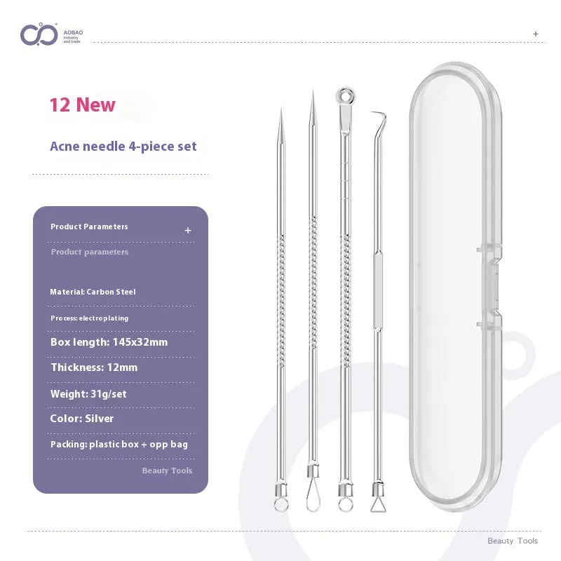 Four silver metal acne needles with ultra-fine pointed tips arranged on a clean surface.