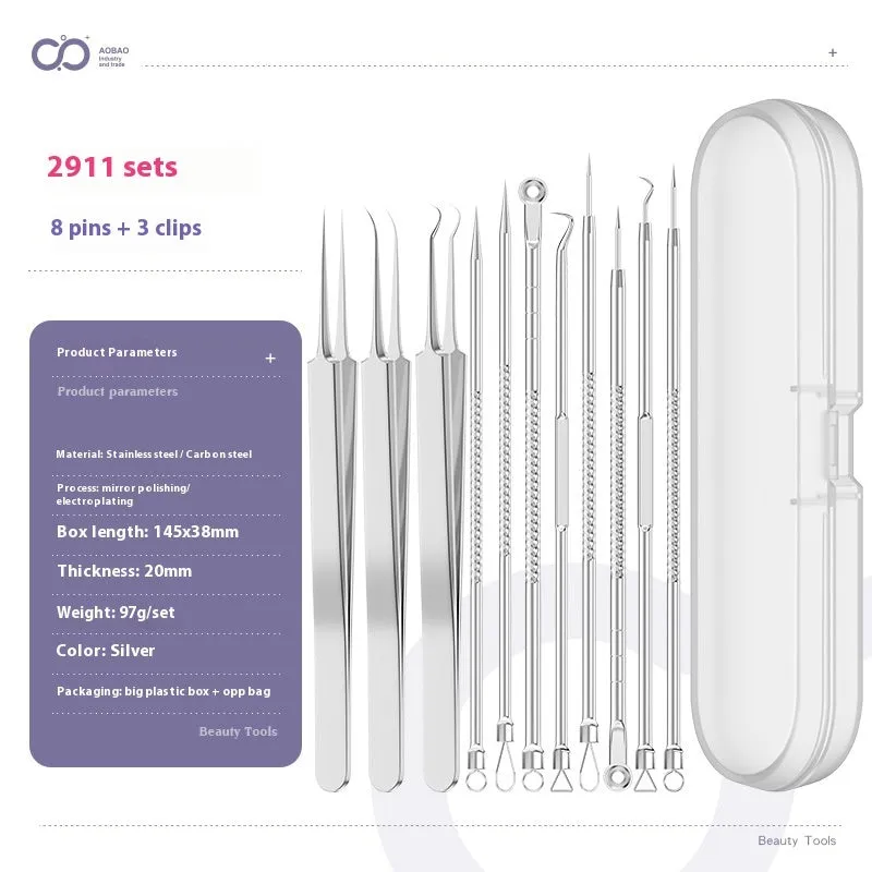 Four silver metal acne needles with ultra-fine pointed tips arranged on a clean surface.