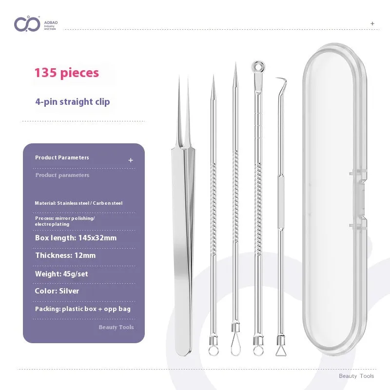 Four silver metal acne needles with ultra-fine pointed tips arranged on a clean surface.