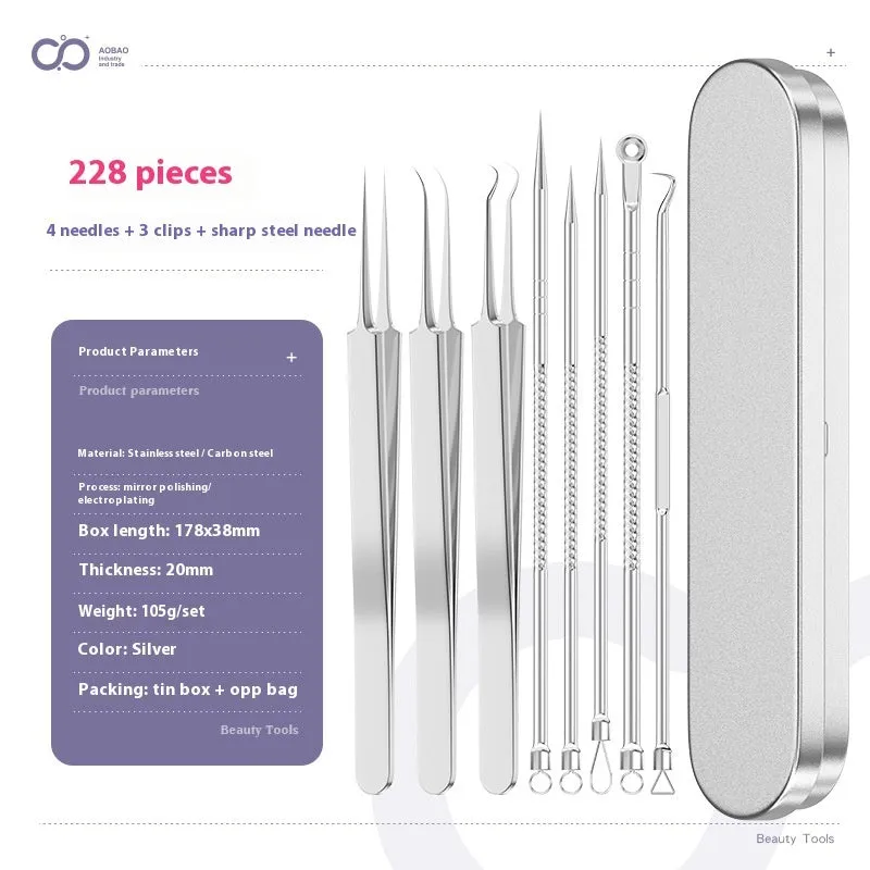 Four silver metal acne needles with ultra-fine pointed tips arranged on a clean surface.