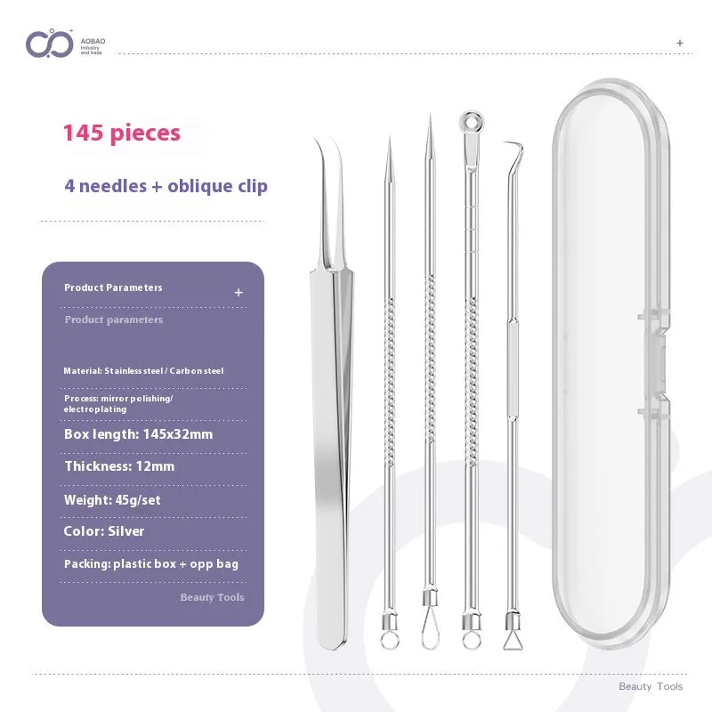 Four silver metal acne needles with ultra-fine pointed tips arranged on a clean surface.