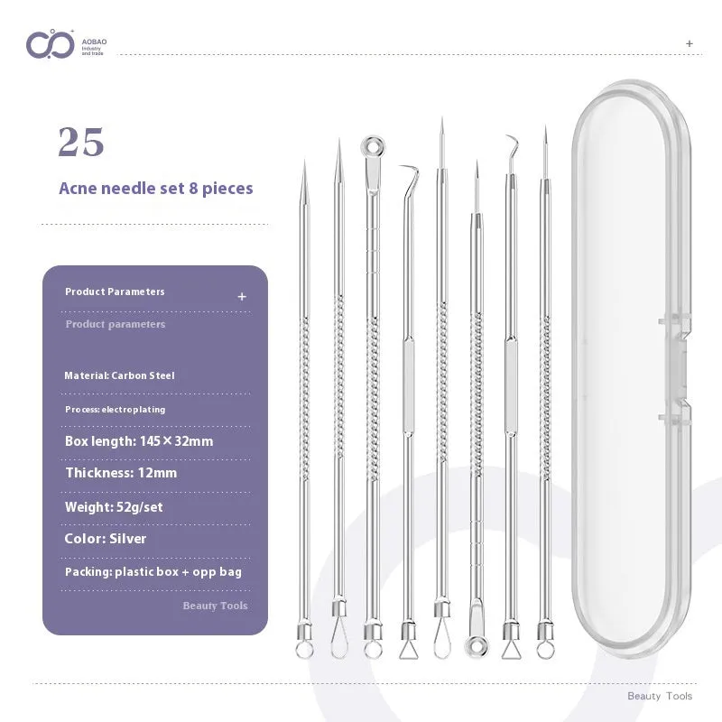 Four silver metal acne needles with ultra-fine pointed tips arranged on a clean surface.