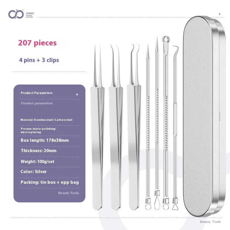 Four silver metal acne needles with ultra-fine pointed tips arranged on a clean surface.