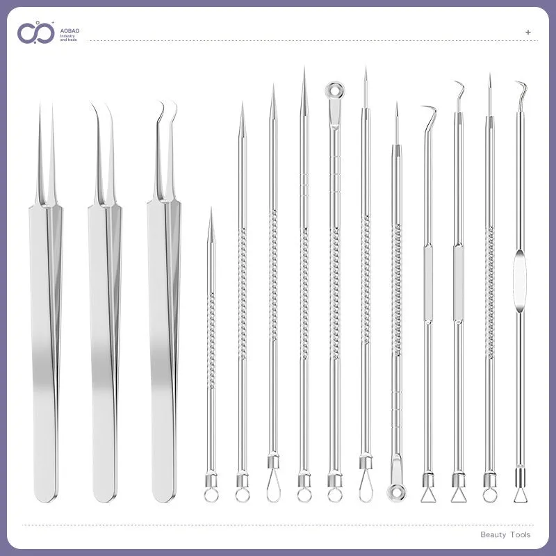Four silver metal acne needles with ultra-fine pointed tips arranged on a clean surface.