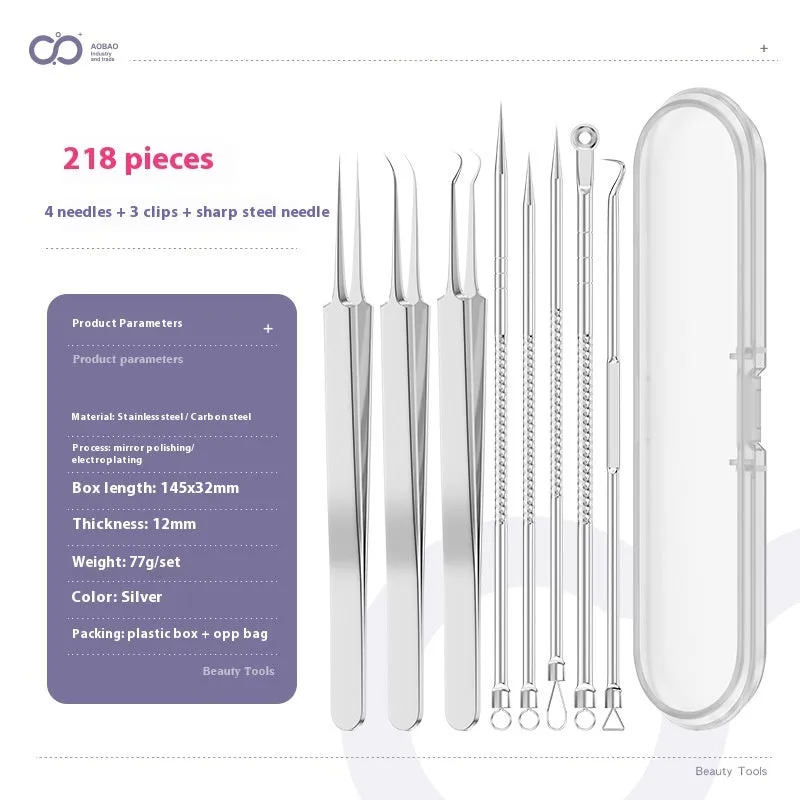 Four silver metal acne needles with ultra-fine pointed tips arranged on a clean surface.